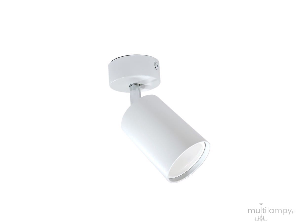 Lampa sufitowa Bardo 1-punktowa w kolorze białym z chromowanym akcentem. Ujęcie z boku, zbliżenie na cylindryczny klosz, zamontowany na okrągłej podstawie. Prosta, minimalistyczna forma, idealna do nowoczesnych wnętrz.