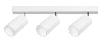 Lampa sufitowa Bardo, 3-punktowa, z białym kloszem i chromowanymi detalami. Ułożona poziomo, z widocznymi trzema cylindrycznymi oprawami, idealna do oświetlenia wnętrz. Prosta forma, montaż sufitowy.