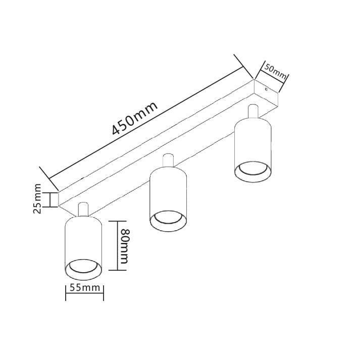 Lampa sufitowa Bardo 3-punktowa w kolorze białym z chromowanymi detalami. Wymiary: długość 450 mm, wysokość 80 mm, średnica reflektorów 55 mm. Ułożona poziomo, z trzema cylindrycznymi kloszami, idealna do oświetlenia wnętrz.