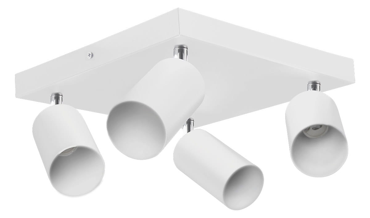 Lampa sufitowa Bardo w kolorze białym z chromowanymi detalami, czteropunktowa. Posiada prostokątną podstawę z czterema regulowanymi reflektorami w formie cylindrów. Widok z boku, akcentujący nowoczesny design i funkcjonalność.