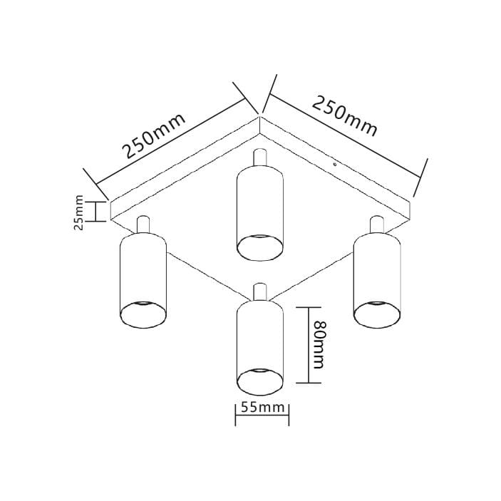 Bardo lampa sufitowa 4-punktowa w kolorze białym i chromowanym, z kwadratowym mocowaniem. Cztery cylindryczne oprawy o wymiarach 80 mm wysokości i 55 mm średnicy, rozmieszczone równomiernie na wysokości 25 mm od sufitu.