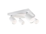 Bardo lampa sufitowa 4-punktowa w kolorze białym z elementami chromowanymi. Cztery ruchome reflektory w kształcie cylindrów zamontowane na kwadratowej podstawie. Ujęcie z boku, pokazujące detal konstrukcji i wykończenia.