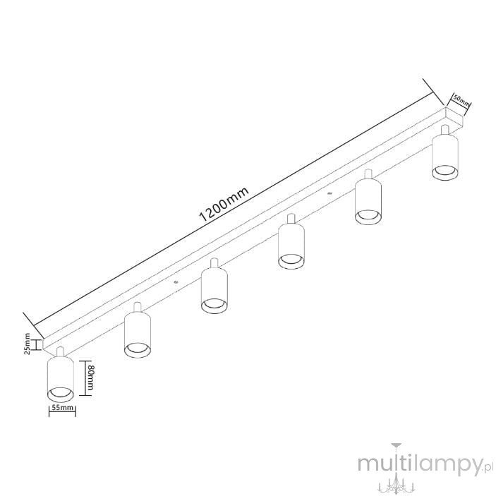 Bardo lampa sufitowa (spot) 6-punktowa w białym i chromowanym wykończeniu, z prostokątną listwą o długości 1200 mm. Wyposażona w sześć cylindrycznych kloszy, zamontowana w pozycji poziomej. Wymiary kloszy: 80 mm wysokości, 55 mm średnicy.