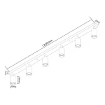 Bardo lampa sufitowa (spot) 6-punktowa w białym i chromowanym wykończeniu, z prostokątną listwą o długości 1200 mm. Wyposażona w sześć cylindrycznych kloszy, zamontowana w pozycji poziomej. Wymiary kloszy: 80 mm wysokości, 55 mm średnicy.