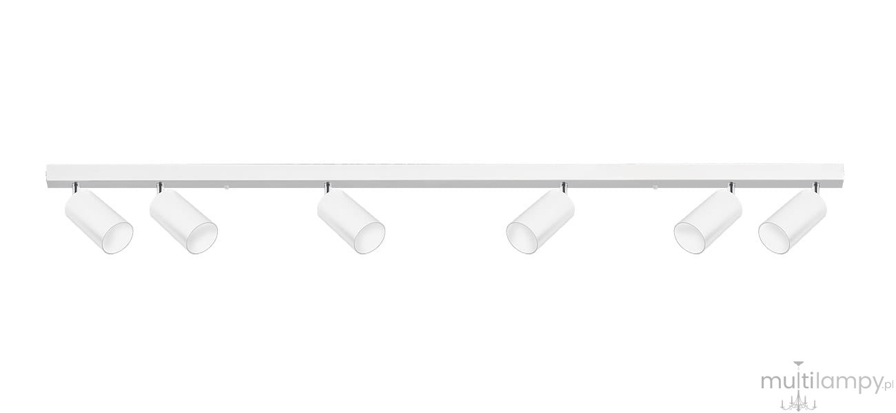 Lampa sufitowa Bardo, 6-punktowa, w kolorze białym z chromowanymi akcentami. Ułożona w prostokątnym kształcie, z sześcioma cylindrycznymi kloszami, zawieszona na białej listwie. Klasyczny design, idealna do oświetlenia wnętrz.