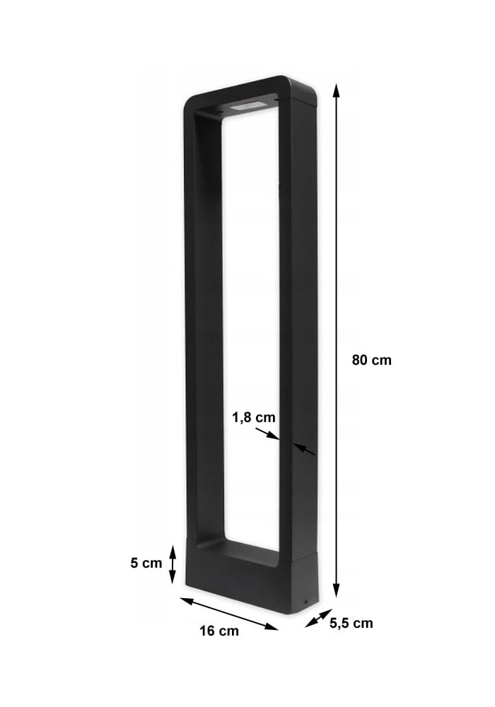 Lampa stojąca ogrodowa Rio LED H80 w kolorze czarnym, o wymiarach 80 cm wysokości, 16 cm szerokości i 5,5 cm głębokości. Prosty, prostokątny kształt z matowego wykończenia, z widocznymi wymiarami na zdjęciu.