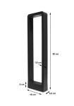 Lampa stojąca ogrodowa Rio LED H80 w kolorze czarnym, o wymiarach 80 cm wysokości, 16 cm szerokości i 5,5 cm głębokości. Prosty, prostokątny kształt z matowego wykończenia, z widocznymi wymiarami na zdjęciu.