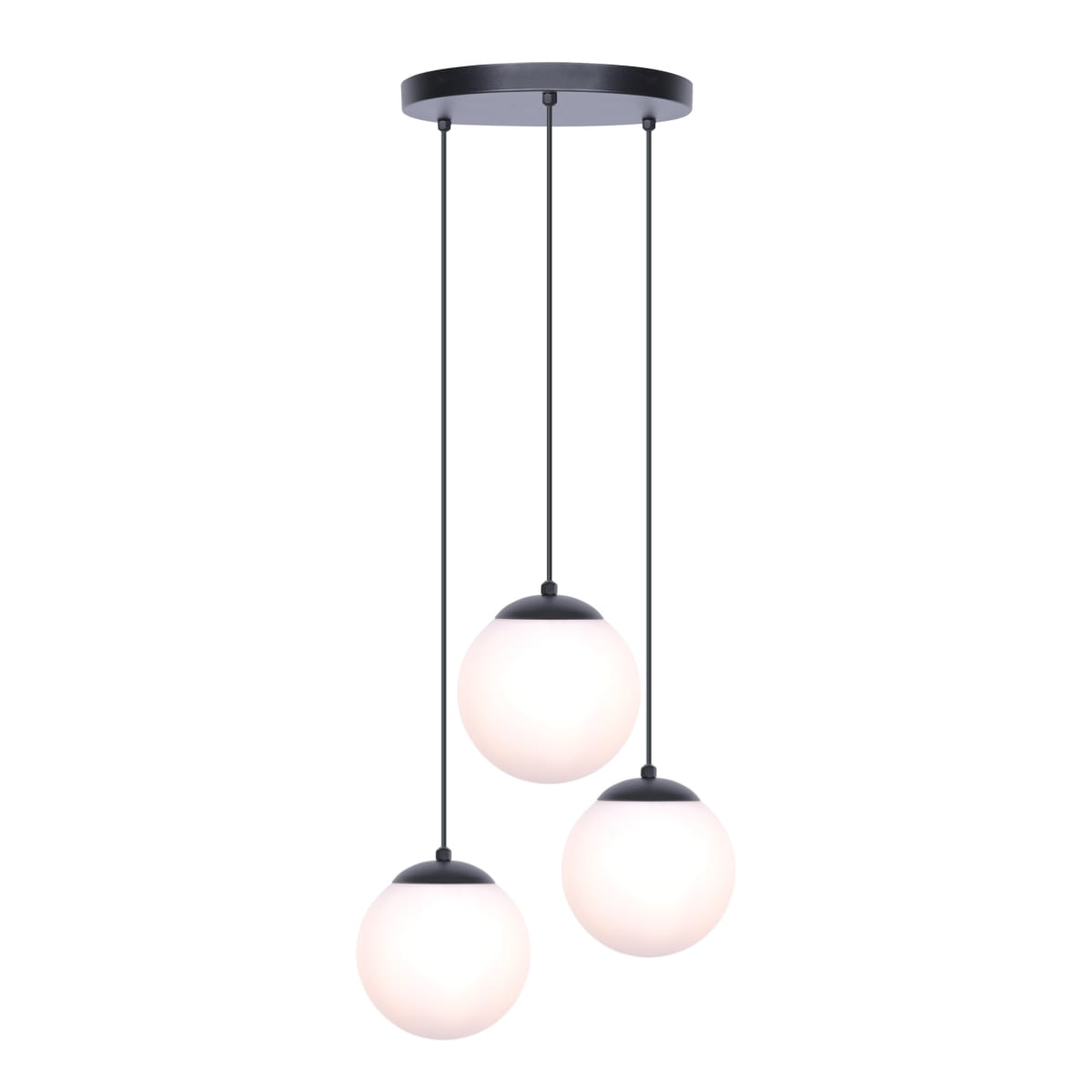 Lampa wisząca Camina K-4746 w kolorze czarnym z trzema okrągłymi kloszami w białym kolorze. Klosze zawieszone na cienkich czarnych linkach, montowane do sufitowej podstawy. Prosty, nowoczesny design.