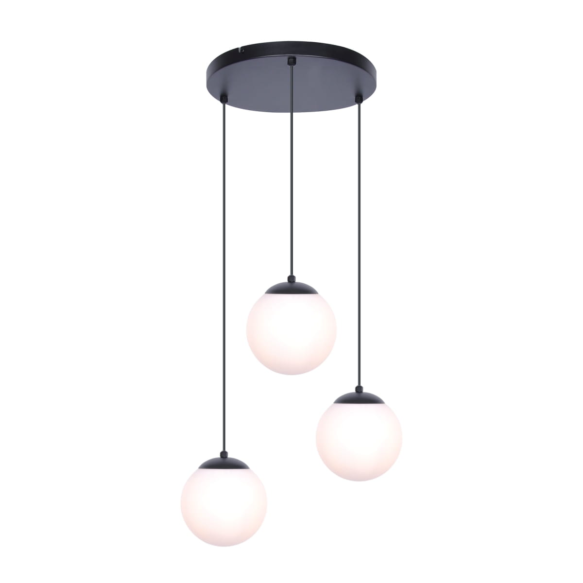 Lampa wisząca Camina 3-punktowa w kolorze czarnym. Składa się z trzech kulistych kloszy z mlecznego szkła, zawieszonych na cienkich, czarnych linkach. Montaż na okrągłej podstawie sufitowej.