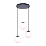Lampa wisząca Camina 3-punktowa w kolorze czarnym. Składa się z trzech kulistych kloszy z mlecznego szkła, zawieszonych na cienkich, czarnych linkach. Montaż na okrągłej podstawie sufitowej.