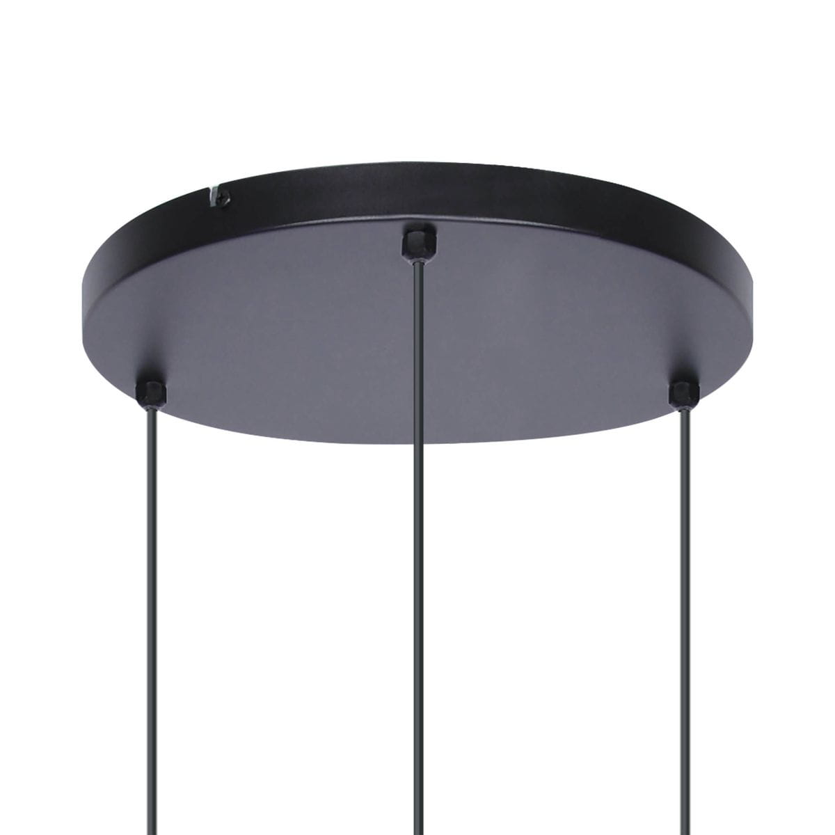 Czarna lampa wisząca 3-punktowa Camina K-4746. Widok z góry na okrągły, metalowy sufitowy element montażowy z trzema cienkimi przewodami. Prosta konstrukcja, matowa powierzchnia, przeznaczona do nowoczesnych wnętrz.