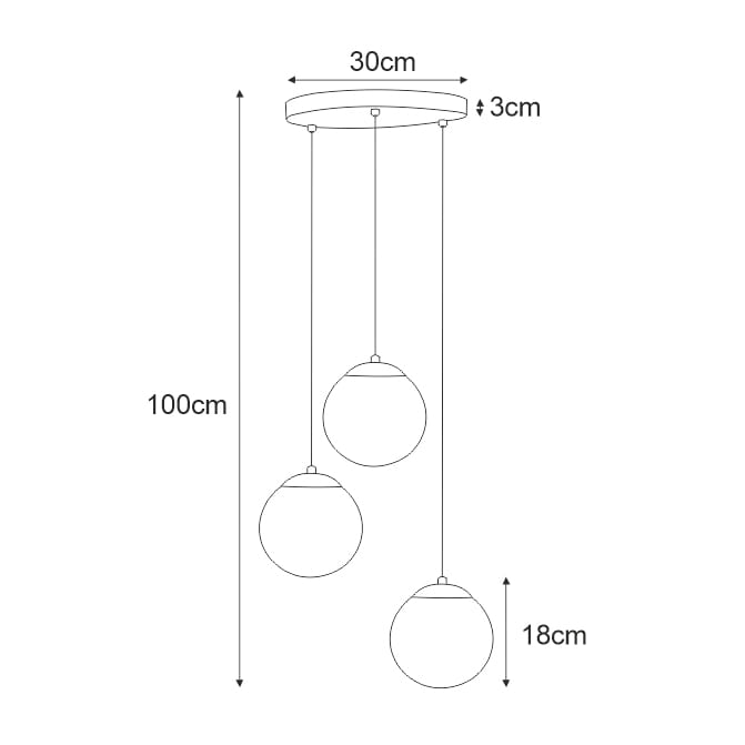 Lampa wisząca Camina 3-punktowa w kolorze czarnym, składająca się z trzech kulistych kloszy o średnicy 18 cm, zawieszonych na cienkich linkach. Całkowita wysokość 100 cm, średnica podstawy 30 cm. Idealna do nowoczesnych wnętrz.