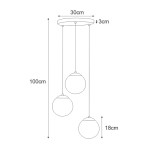 Lampa wisząca Camina 3-punktowa w kolorze czarnym, składająca się z trzech kulistych kloszy o średnicy 18 cm, zawieszonych na cienkich linkach. Całkowita wysokość 100 cm, średnica podstawy 30 cm. Idealna do nowoczesnych wnętrz.