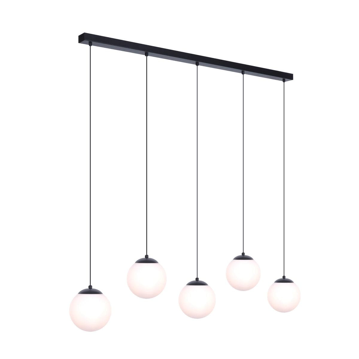 Lampa wisząca Camina 5-punktowa, czarna, z prostokątnym wspornikiem, pięć kulistych kloszy z białego szkła zawieszonych na cienkich linkach. Prosty design, idealna do nowoczesnych wnętrz.