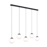 Lampa wisząca Camina 5-punktowa, czarna, z prostokątnym wspornikiem, pięć kulistych kloszy z białego szkła zawieszonych na cienkich linkach. Prosty design, idealna do nowoczesnych wnętrz.