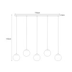 Lampa wisząca Camina K-4747 o czarnej barwie z pięcioma okrągłymi kloszami, zawieszona na prostokątnej belce. Wymiary: długość 115 cm, wysokość 110 cm, średnica kloszy 3 cm. Idealna do nowoczesnych wnętrz.