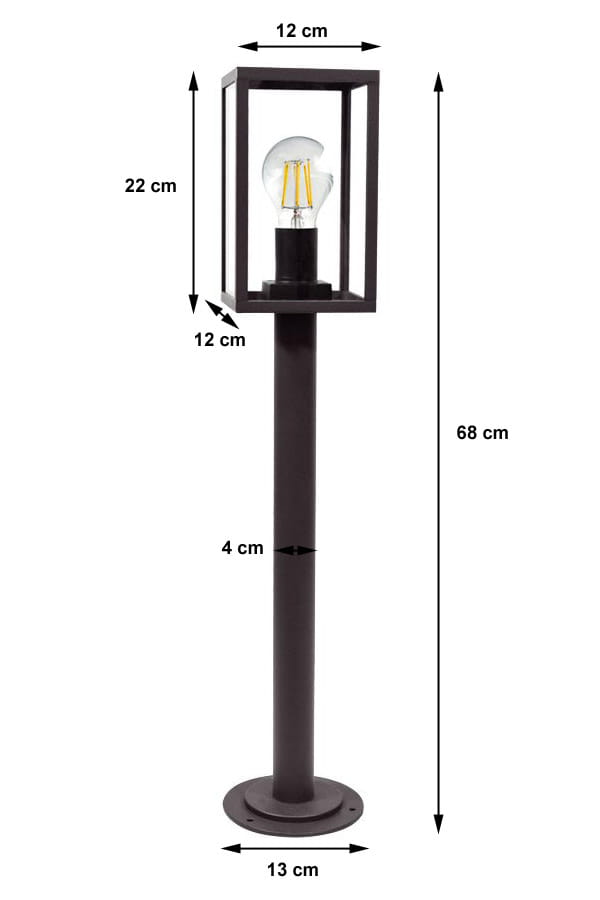Lampa stojąca ogrodowa Malmo H68 w kolorze grafitowym. Wymiary: wysokość 68 cm, szerokość podstawy 13 cm, klosz 22 cm wysokości i 12 cm szerokości. Prosta konstrukcja z metalowym słupkiem oraz przezroczystym kloszem.