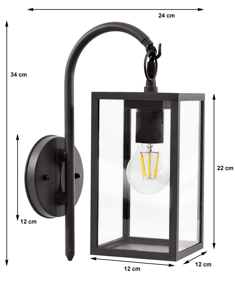 Malmo kinkiet elewacyjny ścienny 1-punktowy w kolorze grafitowym. Prosta konstrukcja z metalowym ramieniem i szklanym kloszem o wymiarach 12x12x22 cm. Uchwyt montażowy okrągły, w całości w odcieniach czerni. Wysokość całkowita 34 cm.