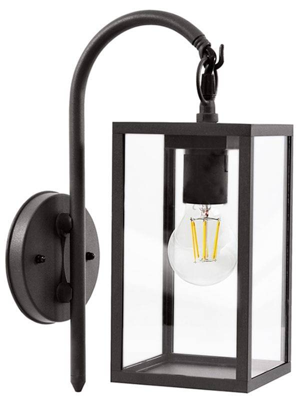Malmo kinkiet elewacyjny ścienny 1-punktowy w kolorze grafitowym, z metalową konstrukcją i szklanym kloszem, w kształcie prostokąta. Zawiera widoczną żarówkę w środku, montowany na ścianie, z łukowatym ramieniem.