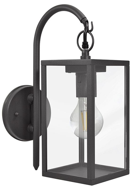 Malmo kinkiet elewacyjny ścienny 1-punktowy w kolorze grafitowym, wykonany z metalu z przezroczystym kloszem. Ujęcie z boku, prezentujące prostokątną formę z widoczną żarówką wewnątrz. Stojący na ścianie, z eleganckim, zakrzywionym mocowaniem.