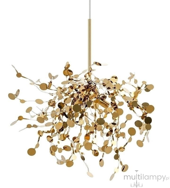 Lampa wisząca Monete Single 3-punktowa w złotym kolorze, z efektownym kloszem w kształcie chaotycznie ułożonych złotych elementów przypominających liście. Ujęcie frontalne, zawieszona na cienkim kablu, idealna do nowoczesnych wnętrz.