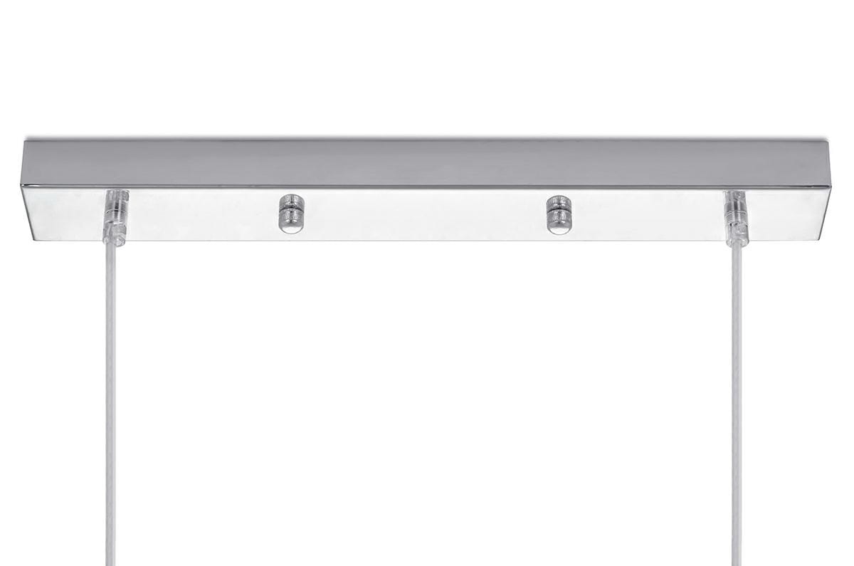 Lampa wisząca Monete 6-punktowa w kolorze chromu. Posiada prostokątną podstawę z przezroczystym akrylem oraz sześć metalowych mocowań. Kąt ujęcia frontalny, ukazujący detale mocowań i materiału.