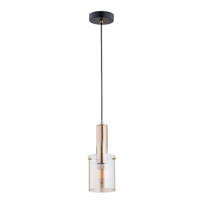 Złota lampa wisząca 1-punktowa Celia z przezroczystym kloszem, zawieszona na czarnym przewodzie. Kształt cylindryczny, z metalowym elementem u góry. Idealna do nowoczesnych wnętrz.