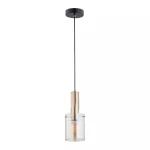 Złota lampa wisząca 1-punktowa Celia z przezroczystym kloszem, zawieszona na czarnym przewodzie. Kształt cylindryczny, z metalowym elementem u góry. Idealna do nowoczesnych wnętrz.