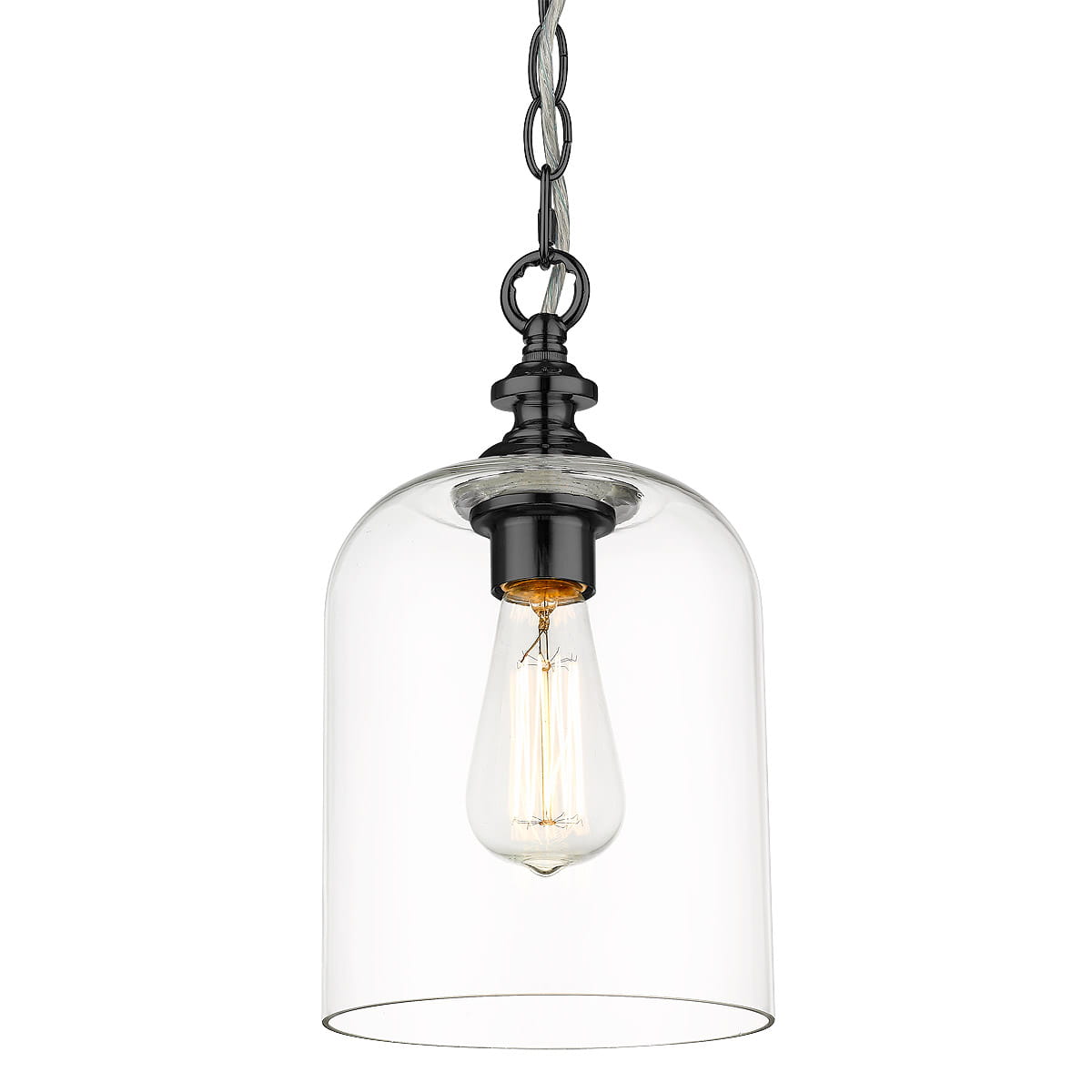 Czarna lampa wisząca Prague z przezroczystym kloszem w kształcie dzwonu, z metalowym mocowaniem i widoczną żarówką. Zawieszona na łańcuszku, idealna do nowoczesnych aranżacji wnętrz.