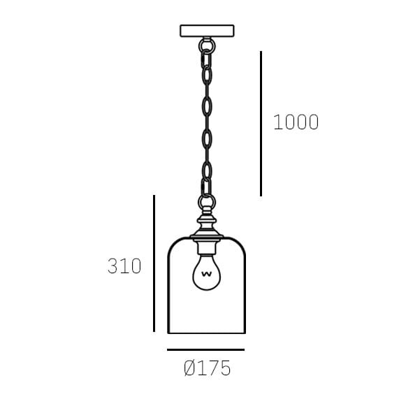Złota lampa wisząca Prague, 1-punktowa. Wysokość 1000 mm, średnica klosza 175 mm, długość klosza 310 mm. Klosz w kształcie dzwonu, zawieszony na łańcuchu. Widoczna żarówka z literą „W”. Prosty, nowoczesny design idealny do różnych wnętrz.