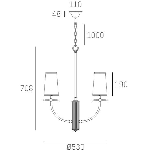 Żyrandol Bow 4-punktowy w kolorze mosiądzu, z dwoma abażurami. Wymiary: wysokość 1000 mm, średnica 530 mm, odległość od sufitu 708 mm. Prosta forma z dekoracyjnym centralnym elementem. Ujęcie frontalne.