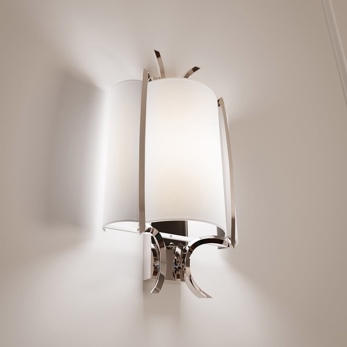 Kinkiet Faro 1-punktowy W01053NI o stalowej, połyskliwej podstawie z białym, cylindrycznym kloszem. Ujęcie z boku, montowany na ścianie, z eleganckim wykończeniem i delikatnymi detalami. Tło w jasnym kolorze.
