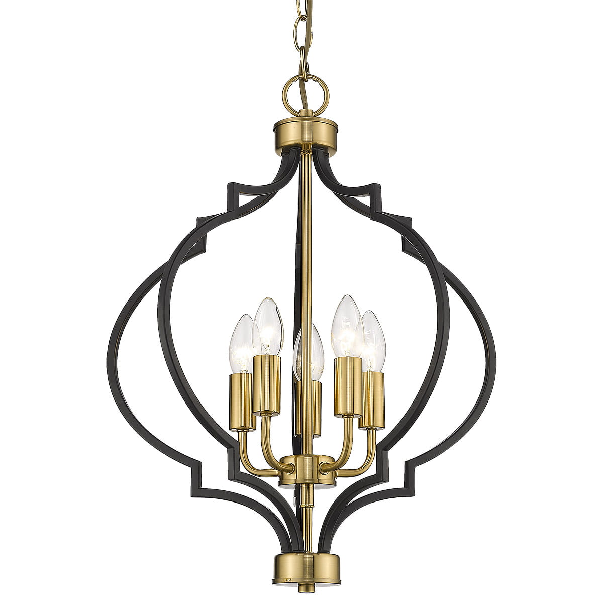 Lampa wisząca Nashville 5-punktowa, z metalowym stelażem w kolorze czarnym i złotym, z pięcioma źródłami światła o kształcie łezki. Kształt lampy jest dekoracyjny, z wyraźnymi, zaokrąglonymi krawędziami.