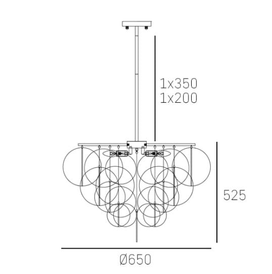 Lampa wisząca Tromso 5-punktowa w kolorze złotym, o średnicy 650 mm i wysokości 525 mm. Składa się z pięciu okrągłych elementów, zawieszonych na prostym stelażu. Idealna do nowoczesnych wnętrz.