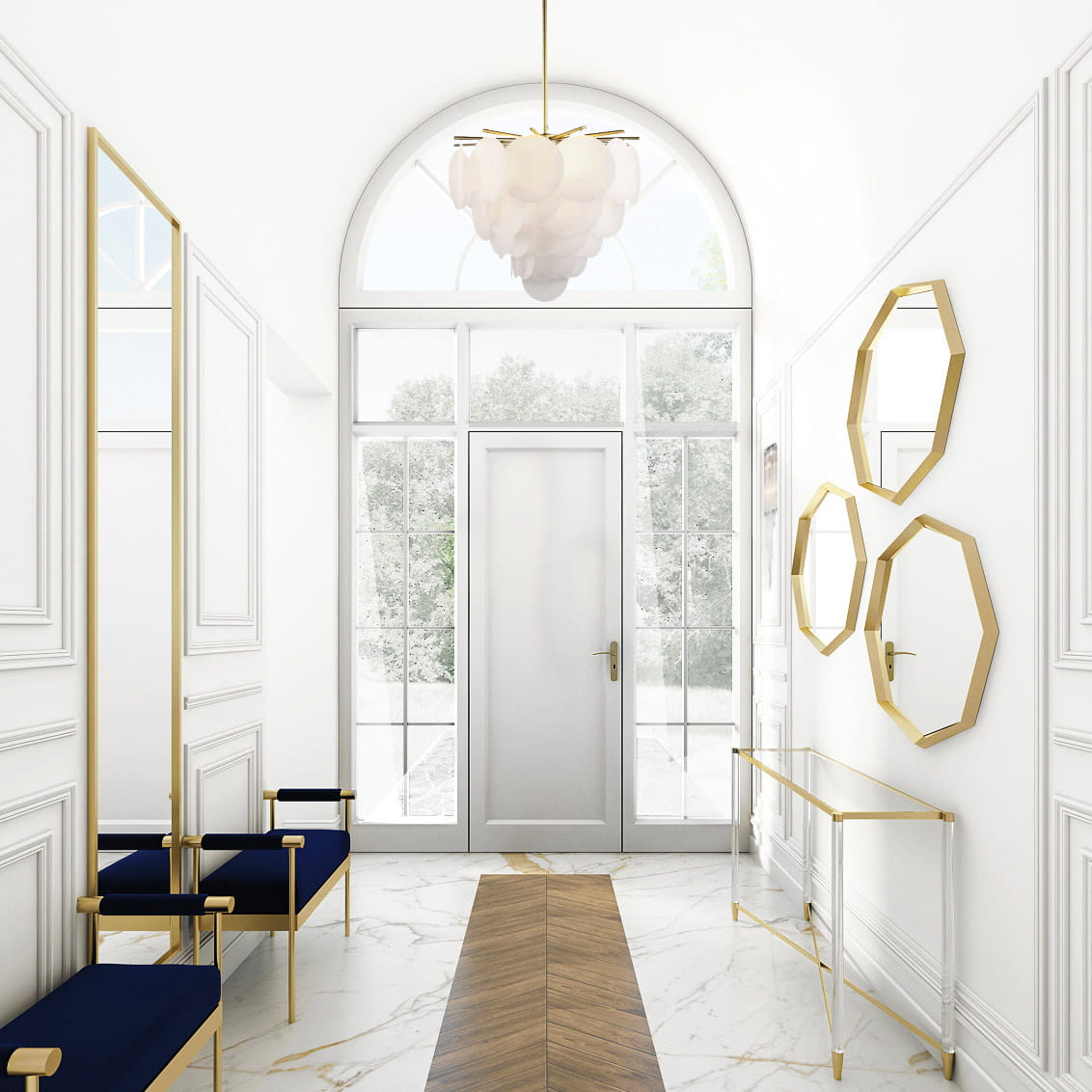 Lampa wisząca Tromso 5-punktowa w kolorze złotym, zawieszona w eleganckim wnętrzu. Posiada elementy z przezroczystego materiału i złote detale. W tle widoczna jasna przestrzeń z dużymi oknami i dekoracyjnymi lustrami.