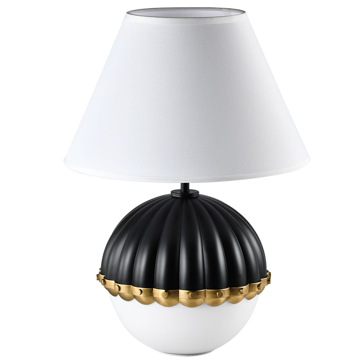 Lampa stołowa Pralines 1-punktowa w kolorze czarnym i złotym. Okrągła podstawa z teksturowanym czarnym wykończeniem, ozdobiona złotym detalem. Biały klosz w kształcie stożka. Ujęcie frontalne, stojąca na płaskiej powierzchni.