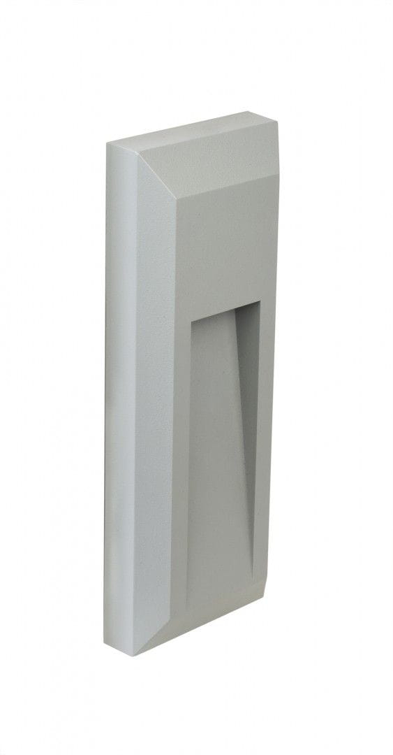 Lampa zewnętrzna elewacyjna Mur PC o kolorze szarym, prostokątna z wycięciem w kształcie litery V. Ujęcie z boku, ukazuje teksturę matową i minimalistyczny design, idealna do montażu na ścianach.