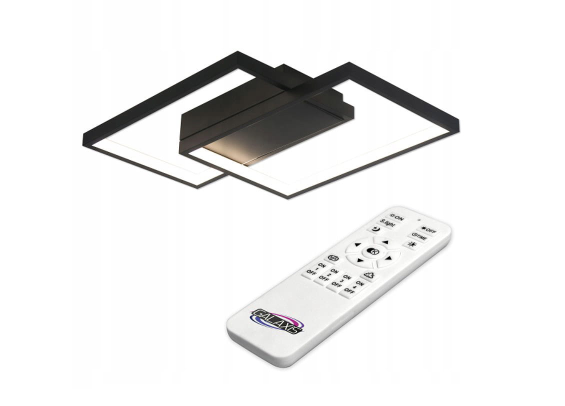 Czarna lampa sufitowa Galaxis Polaris LED 45W z dwoma punktami świetlnymi, z pilotem. Kątowy kształt, metalowa konstrukcja z białym podświetleniem. Widoczny pilot z przyciskami do zdalnego sterowania. Idealna do nowoczesnych wnętrz.