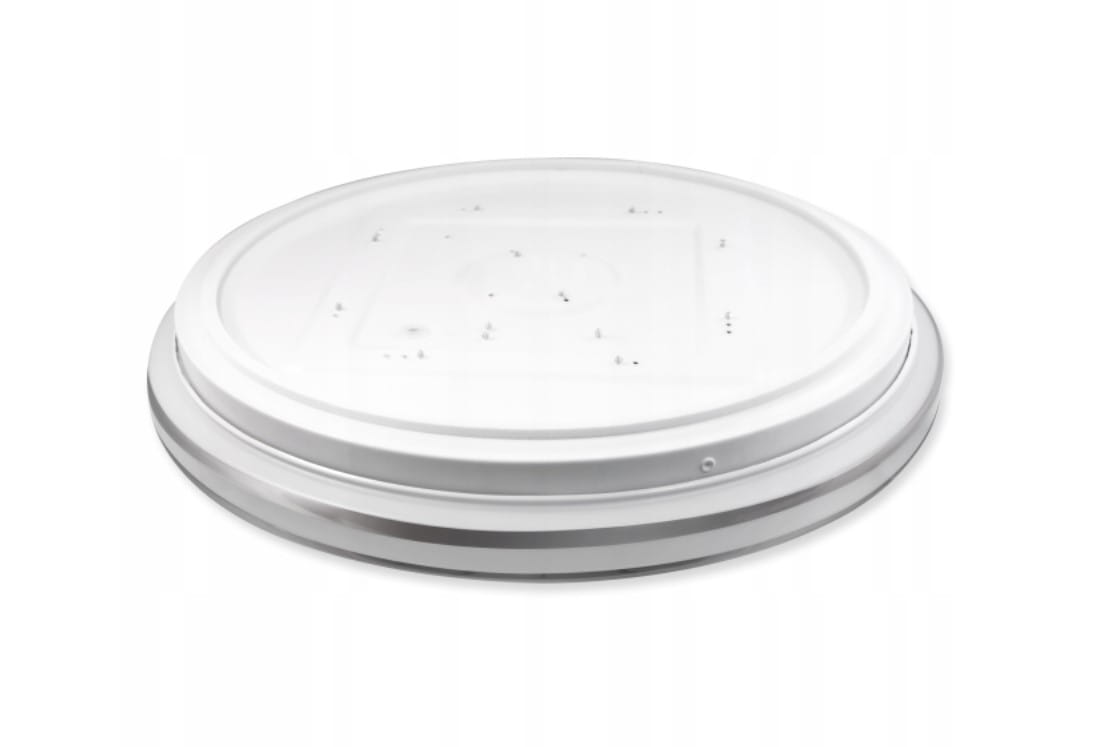Plafon Kiro LED D38 w kolorze białym i chromowanym, z czujnikiem ruchu. Okrągły kształt, średnica 38 cm, wykonany z tworzywa sztucznego. Widoczne otwory montażowe. Zastosowanie IP44, temperatura barwowa 4000K, moc 24W.