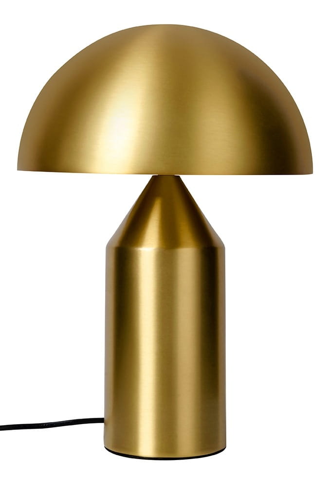 Lampa biurkowa Fungo 2-punktowa w kolorze złotym, z metalowym kloszem w kształcie półkuli i cylindryczną podstawą. Produkt stoi na płaskiej powierzchni, z widocznym kablem zasilającym. Gładka, błyszcząca powierzchnia metalu.