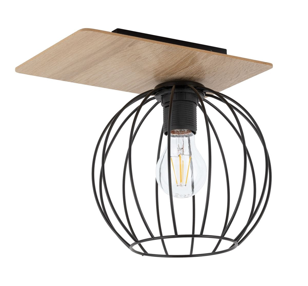 Czarna lampa sufitowa 1-punktowa z drewnianym, prostokątnym kloszem. Metalowa, okrągła oprawa w formie siatki otacza żarówkę. Produkt montowany na suficie, idealny do nowoczesnych wnętrz.
