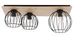 Lampa sufitowa 3-punktowa Cyber Prostokąt z drewnianym blatem w kolorze dębu, z trzema czarnymi, metalowymi kloszami w formie siatki. Ujęcie frontalne, zamontowana na suficie, widoczne żarówki w kloszach.