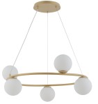 Lampa wisząca Gama Koło 5-punktowa w złotym kolorze. Okrągła konstrukcja z pięcioma mlecznymi kulami w białym kolorze, zawieszona na cienkich żyłkach. Stropowy uchwyt w złocie. Idealna do nowoczesnych wnętrz.