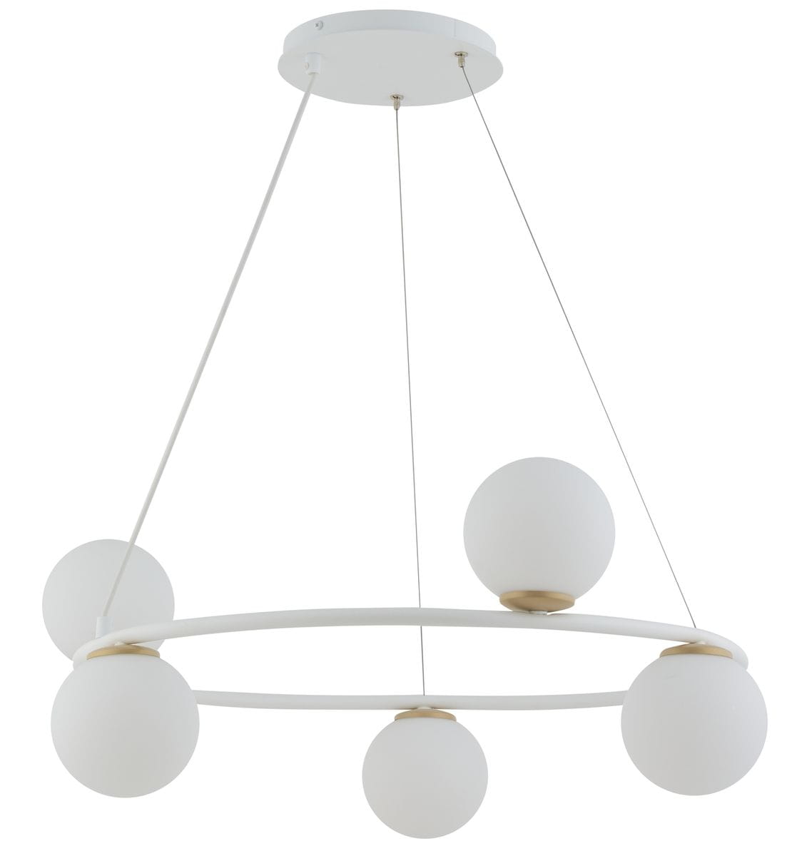 Lampa wisząca Gama Koło 5-punktowa w kolorze białym. Okrągła konstrukcja z pięcioma matowymi kulami, zawieszona na cienkich linkach. Metalowy stelaż w białym kolorze z elementami w kolorze złotym. Idealna do nowoczesnych wnętrz.