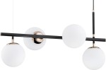 Lampa wisząca Fiore White 4-punktowa w kolorze czarnym i złotym. Składa się z czterech białych, okrągłych kloszy z matowego szkła zawieszonych na czarnej metalowej konstrukcji. Ujęcie z przodu, ukazujące równomierne rozmieszczenie kloszy.