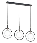 Lampa wisząca Akira 3-punktowa w kolorze czarnym i złotym. Posiada trzy okrągłe klosze z białego szkła, zawieszone na cienkich czarnych linkach, na prostokątnej, czarnej podstawie. Zawieszona w pozycji pionowej.