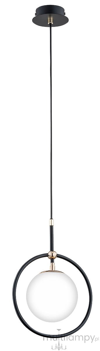 Lampa wisząca Akira 1-punktowa w kolorze czarnym i złotym. Okrągła, czarna rama z metalowym wykończeniem, zawieszona na cienkim przewodzie. Biała, szklana kula jako źródło światła, montowana na suficie.
