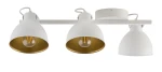 Lampa sufitowa Mars 3-punktowa w kolorze białym z złotymi wnętrzami kloszy. Ujęcie frontalne, klosze o kształcie stożkowym, zamontowane na prostokątnej listwie. Widoczna podstawa w kolorze białym.