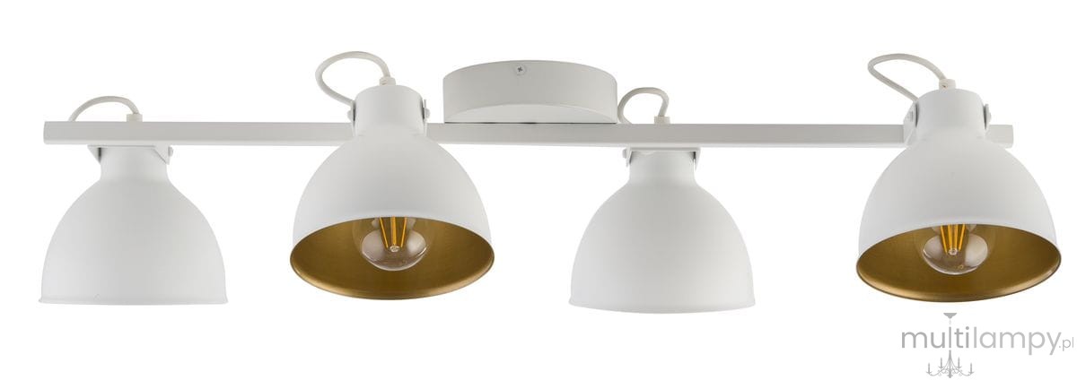 Lampa sufitowa Mars 4-punktowa w kolorze białym z złotymi wnętrzami kloszy. Produkt zamontowany na prostokątnej podstawie, z kloszami w kształcie dzwonu. Ujęcie frontalne, ukazujące wszystkie cztery źródła światła.