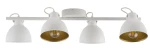 Lampa sufitowa Mars 4-punktowa w kolorze białym z złotymi wnętrzami kloszy. Produkt zamontowany na prostokątnej podstawie, z kloszami w kształcie dzwonu. Ujęcie frontalne, ukazujące wszystkie cztery źródła światła.